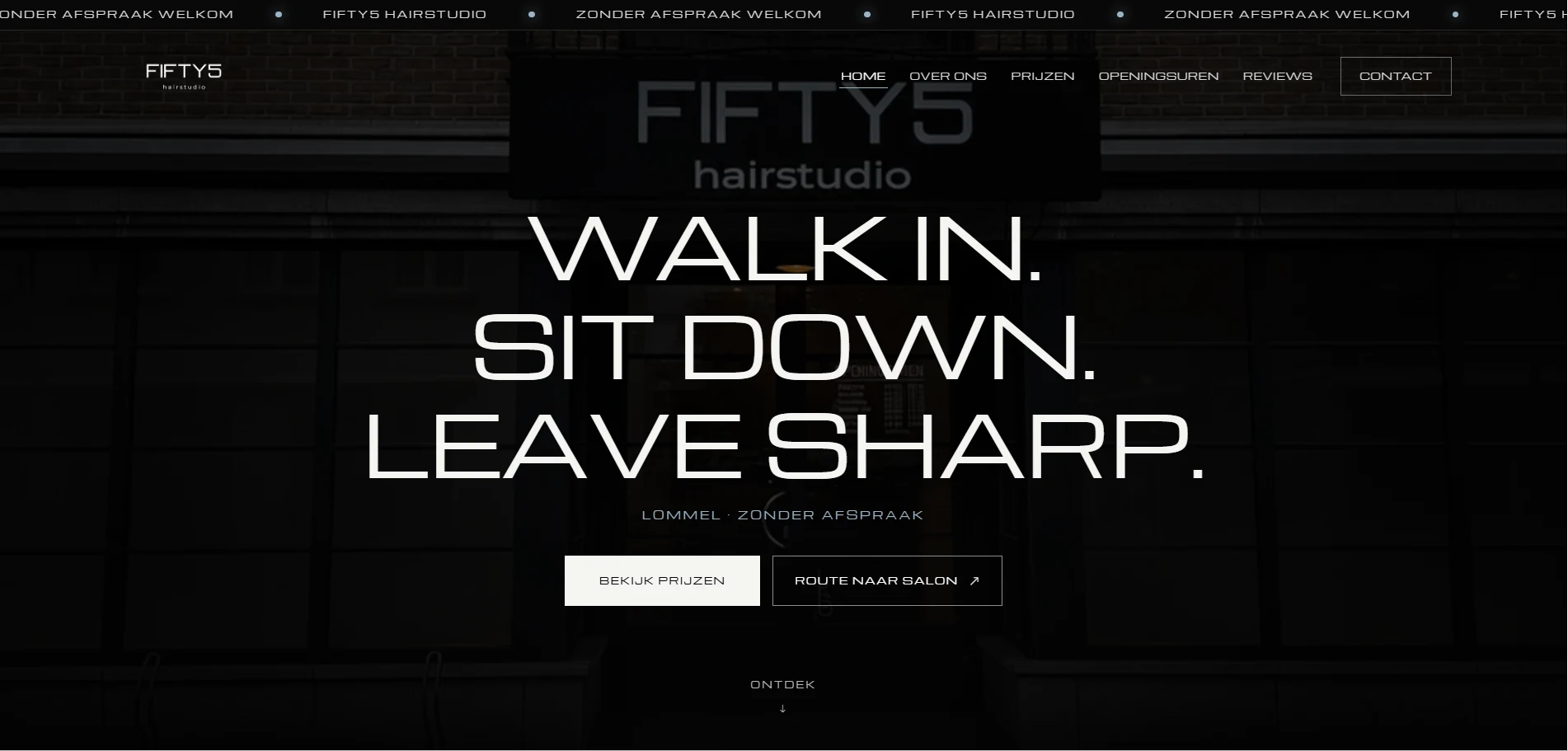 FIFTY5 Hairstudio: donkere website met walk-in boodschap, prijzen en route naar het salon