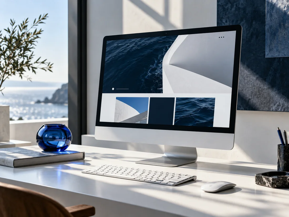 Gegenereerd sfeerbeeld van een werkplek met een navy websiteontwerp en blauwe accenten